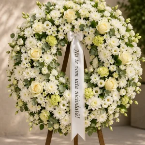 Coroană funerară albă premium din flori naturale