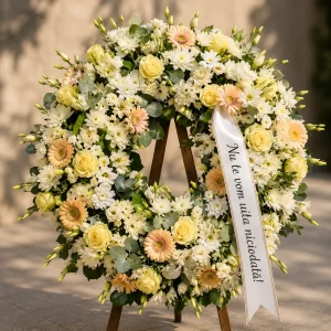 Coroană funerară cu stativ 65 cm din flori naturale