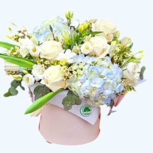 ranjament floral de lux în cutie cu hortensii și trandafiri – livrare Focsani si Vrancea