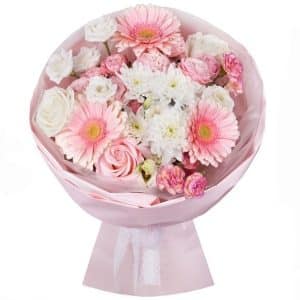 Buchet flori roz și albe – trandafiri, gerbera, crizanteme | Florărie Focșani