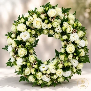 Coroană funerară premium Focșani 65 cm cu trandafiri albi