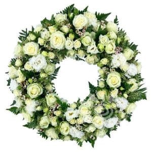 Coroană Funerară 65 cm – Trandafiri Albi și Eustoma | Focșani