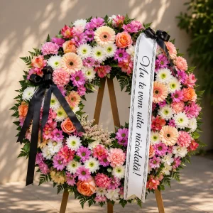 Coroană funerară Focșani multicoloră din flori naturale