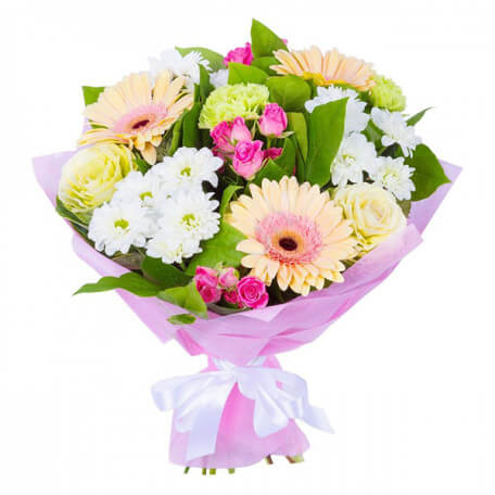 Buchet pastelat cu trandafiri, mini trandafiri, gerbera și crizantemă pentru bunica – 1-8 Martie – Florăria Green