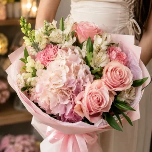 Buchet pentru bunica de ziua de nastere cu hortensie si trandafiri roz
