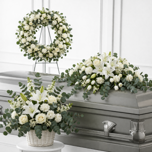 pachet funerar alb cu coroană jerbă și coș floral Focșani