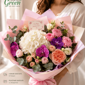 Buchet premium Focșani cu hortensie, orhidee și trandafiri