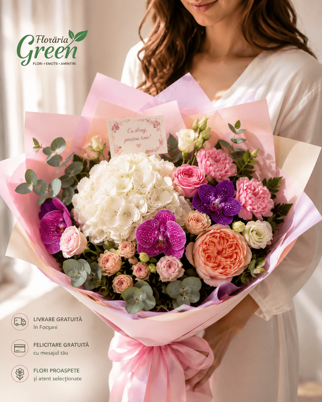 Buchet premium Focșani cu hortensie, orhidee și trandafiri