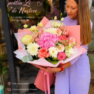 Buchet de flori pentru zi de nastere cu flori roz si crem