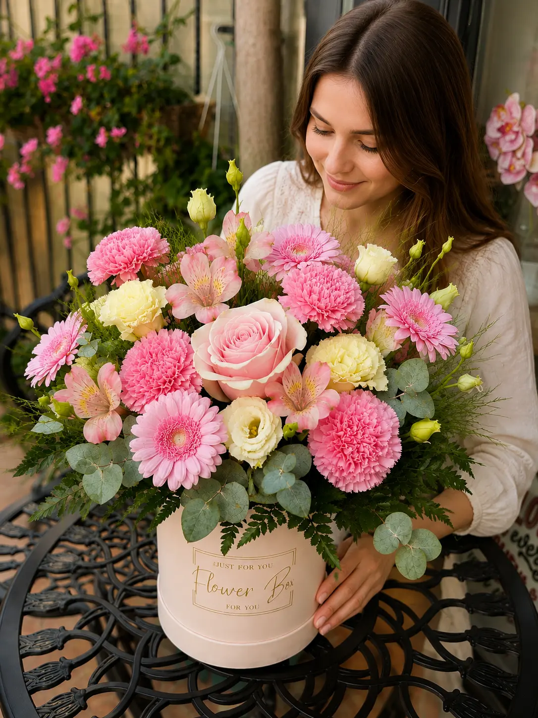 Buchet pentru mama de ziua de nastere cu flori roz si crem
