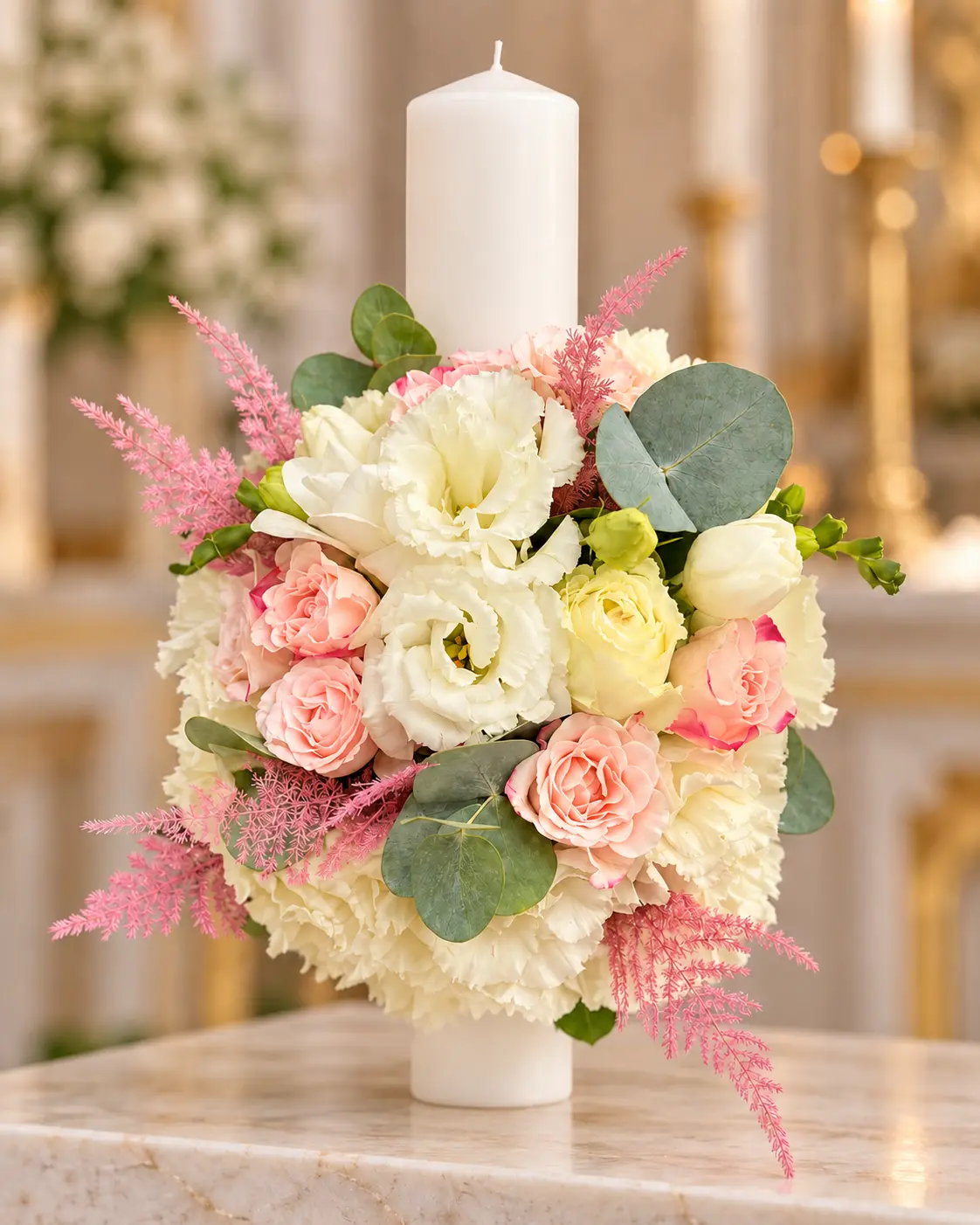 Lumânare botez cu flori roz Focșani, lisianthus și eucalipt